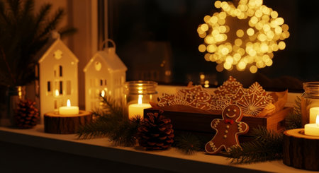 Christmas decoration with burning candles and gingerbread cookies on window sill. Bokeh effectの写真素材
