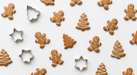 Christmas gingerbread cookies on white background. Flat lay, top viewの写真素材