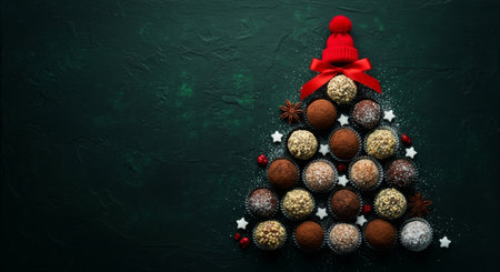 Christmas tree made of chocolate candies, nuts and spices on a dark green background