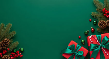 Christmas background with fir tree branches, red and green baubles and gift boxes on green...