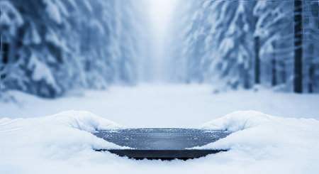 Wooden table in the snow against the background of a winter forestの写真素材
