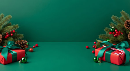 Christmas or New Year background with fir branches, pine cones, red and green balls and gift boxesの写真素材