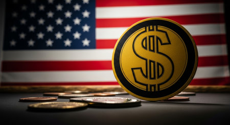 Golden dollar coin on the background of the American flag. 3D renderingの写真素材