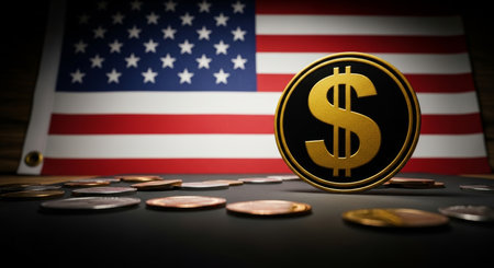 Golden dollar coin on the US flag background. 3D illustration.の写真素材