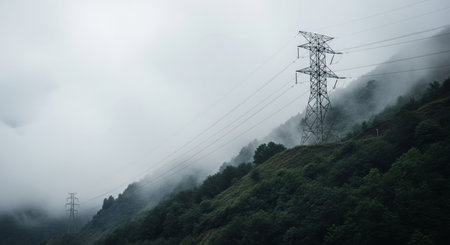 High-voltage lines in the mountains with clouds in the background