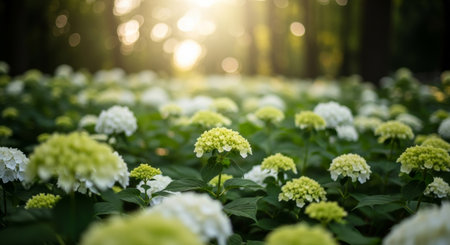 Hydrangea flowers blooming in the garden with morning sunlight.の写真素材