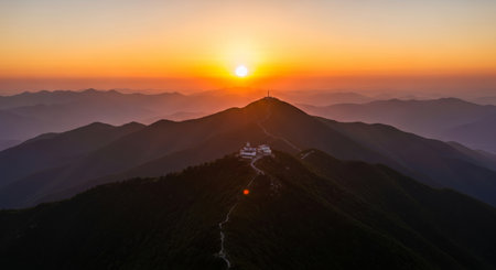 Sunset on the mountain peakの写真素材