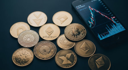 Cryptocurrency coins on a black background. Bitcoin, Ethereum.の写真素材