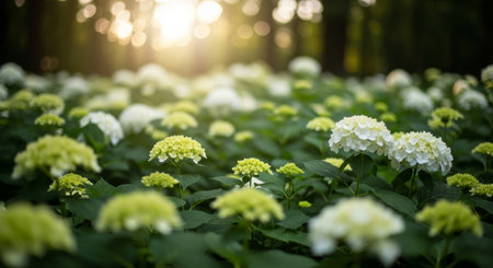 Hydrangea macrophylla blooming in the forest with sunlightの写真素材