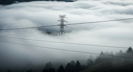 High voltage power lines in the Carpathian mountains in the mistの写真素材