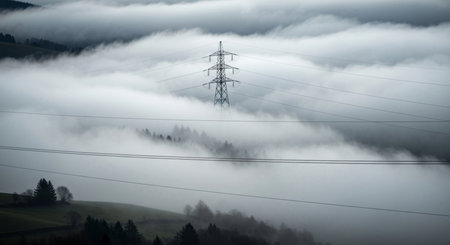 Electricity pylons in the fog in the Carpathian mountainsの写真素材