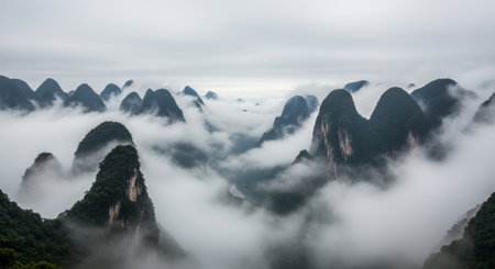 Panoramic view of karst mountains covered with fog and cloudsの写真素材