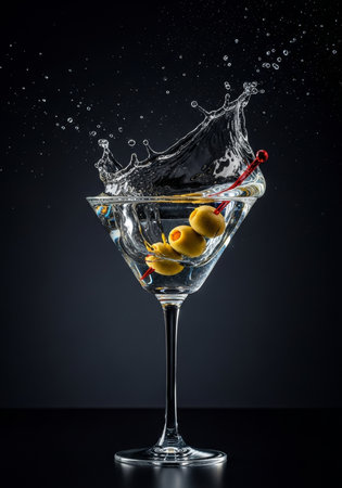 Martini cocktail with olives and splashes on a black backgroundの写真素材
