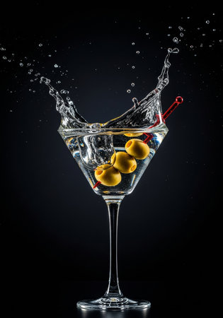 Martini cocktail with olives, splashes and drops on black backgroundの写真素材