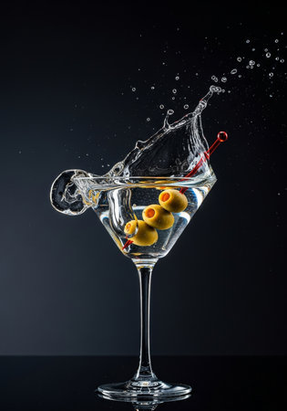 Martini cocktail with olives and splashes on a black backgroundの写真素材