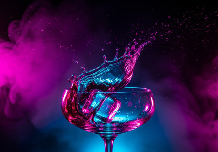 Cocktail splashing out of a glass on a dark backgroundの写真素材