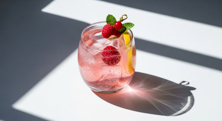 Raspberry lemonade with fresh raspberries and mint in a glass on a white background