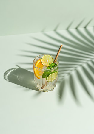 Refreshing lemonade with lime and mint in glass on green background with shadows from palm leafの写真素材