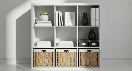 White bookshelf with books and vases on the wall. 3d renderingの写真素材