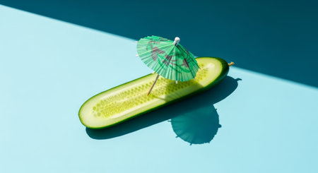 Cucumber with umbrella on blue background. Minimal summer concept.の写真素材