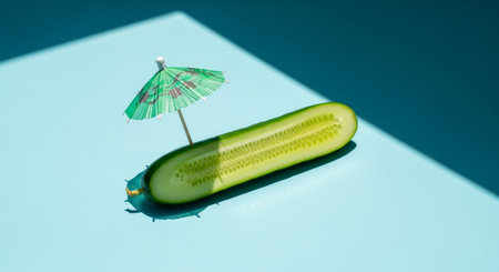 Cucumber with umbrella on blue background. Minimal summer concept.の写真素材