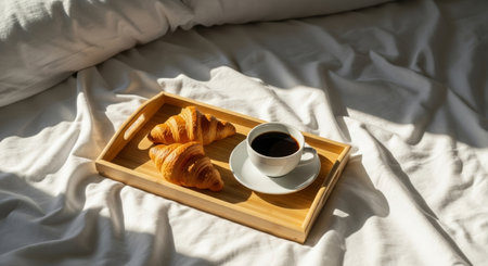 Coffee and croissants on a tray on the bedの写真素材