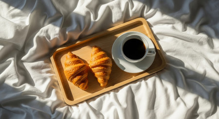 Cup of coffee and croissants on wooden tray on bedの写真素材