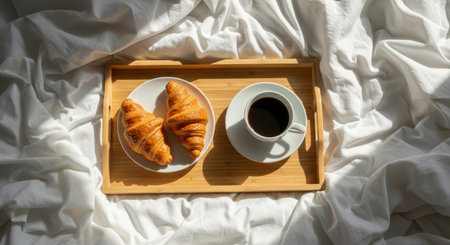 Coffee and croissants on a wooden tray in bedの写真素材