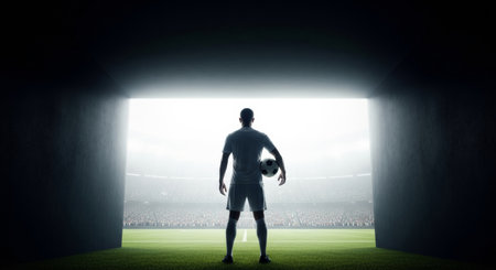 Soccer player at the stadium kicking the ball with the lights coming outの素材