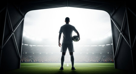 Soccer player in action on the field of stadium. Mixed mediaの素材