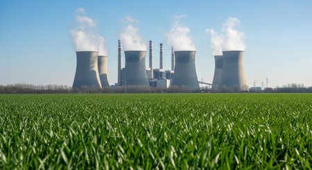 Nuclear power plant in sunny day with green grass and blue skyの素材