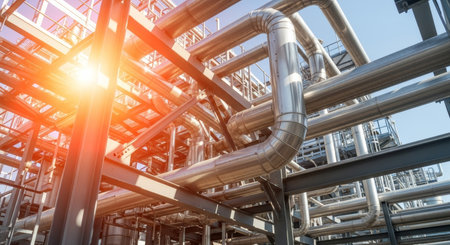 Stainless steel pipes in industrial plant, closeup of photoの素材