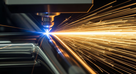 3d rendering of laser cutting machine with sparks flying from the endsの素材