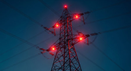 high voltage post.High-voltage tower at night sky background.の素材