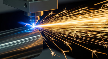 CNC Laser cutting metal with sparks. High technology. Industry 4.0 concept.の素材