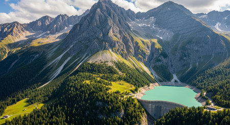 Panoramic view of the turquoise lake in the mountainsの素材