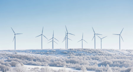 Wind turbines in winter landscape. 3D rendering. No people.の素材