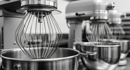 Mixer in a modern kitchen. Black and white image. Blurred background.の素材