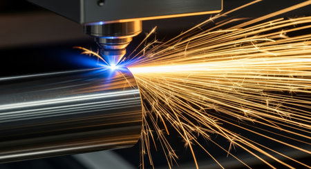 CNC laser cutting metal. Laser cutting of metal with sparks.の素材