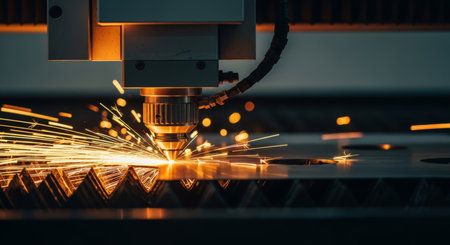 CNC Laser cutting metal with sparks, closeup. Metalworking industryの素材