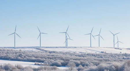 Wind turbines on a snowy field in winter, panoramic viewの素材