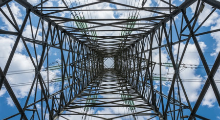High voltage pylons against the blue sky with white clouds.の素材