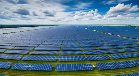 Aerial view of solar power plant with blue sky and white cloudsの素材