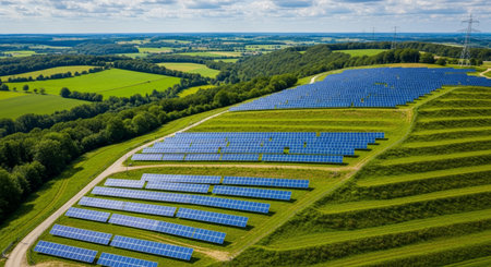 Aerial view of solar power plant with blue photovoltaic panels for producing clean ecological electricity. Renewable energy concept.の素材