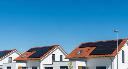 Solar panels on the roof of a new house with a blue skyの素材