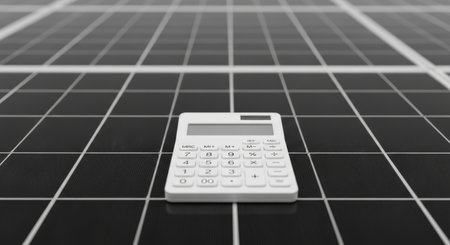 Solar panel and calculator, 3D rendering. Computer digital drawing.の素材