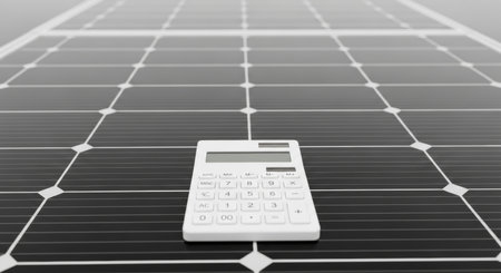 Solar panel with calculator on a black background. 3d illustration.の素材
