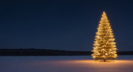 Christmas tree on the frozen lake at night, winter landscape, Russiaの素材