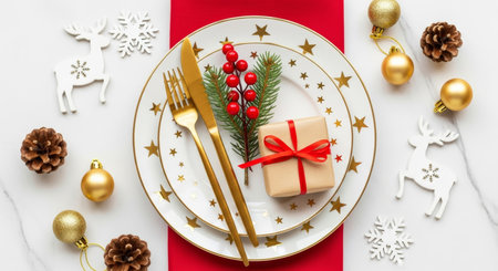Christmas table setting with golden cutlery and christmas decorations on white marble backgroundの素材
