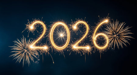 Happy new year 2020 written with Sparkle firework on dark sky backgroundの素材